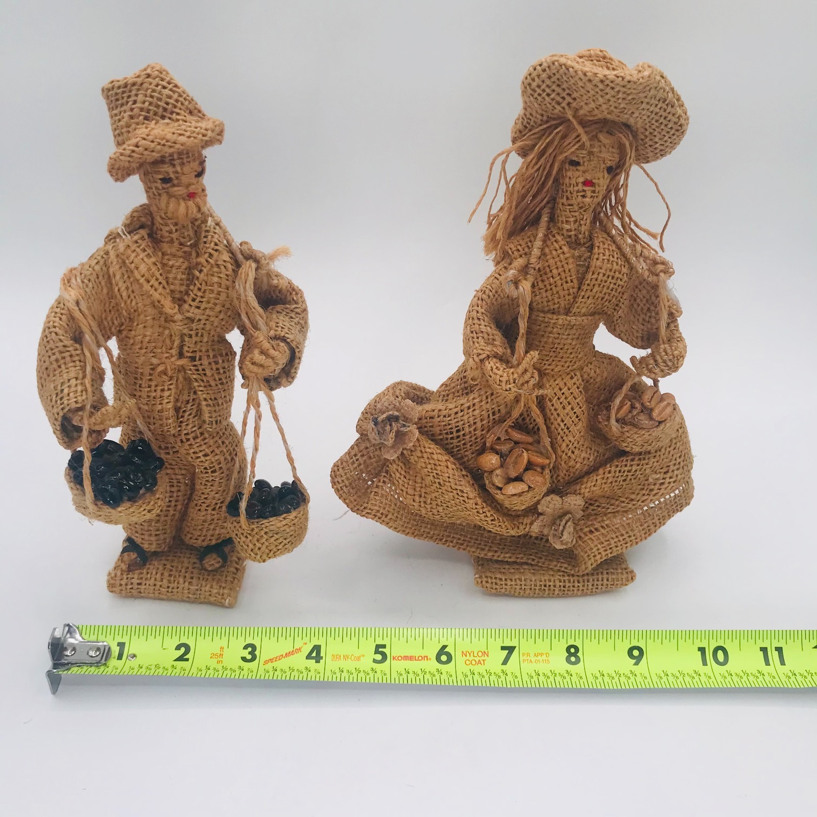 Vintage Burlap Peasant Man & Woman Carrying Produce Figurines Primitive Folk Art