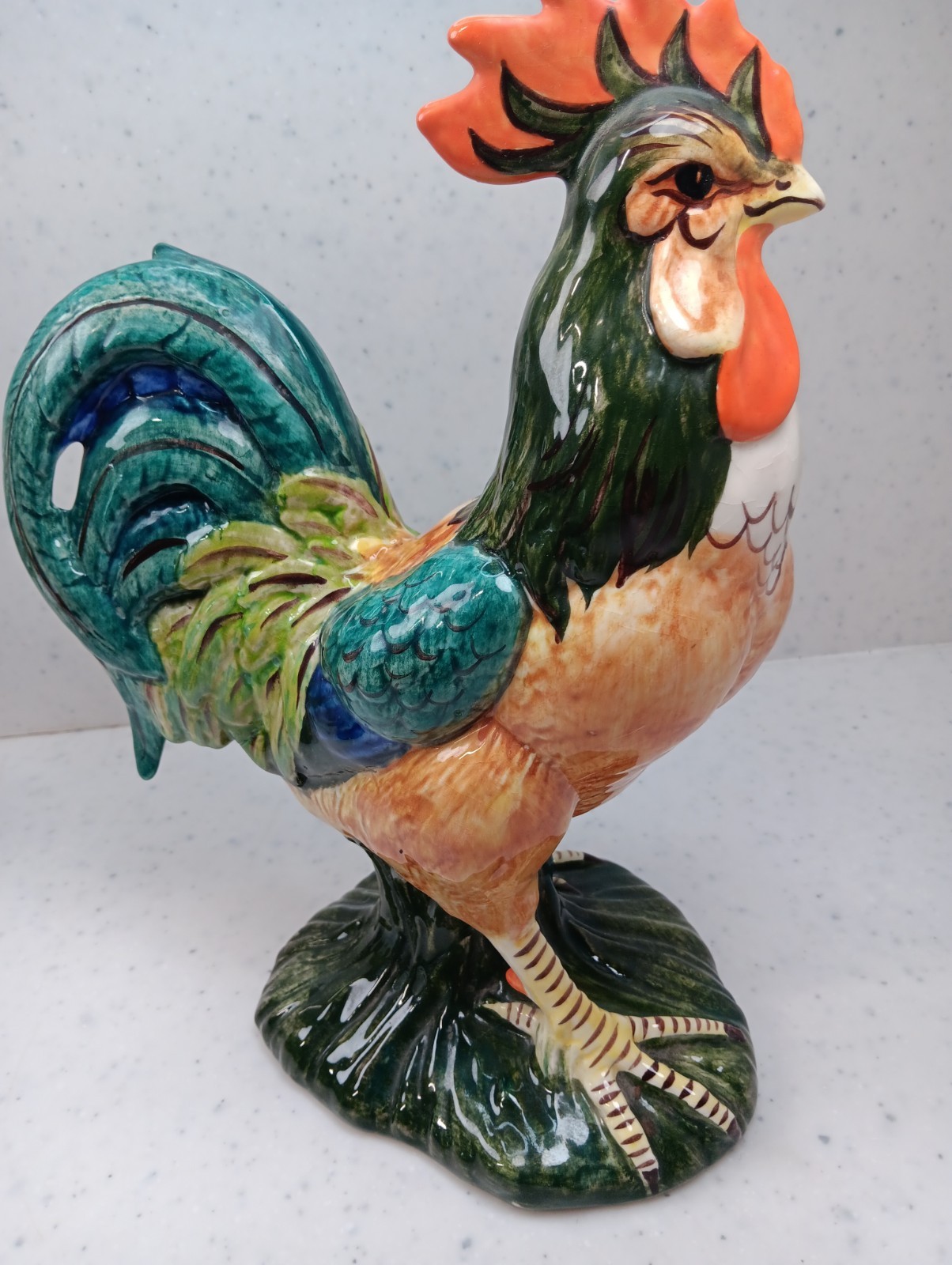 Vintage Multicolor Rooster Figurine Hand Painted Glazed Ceramic Decor 12”x 9″