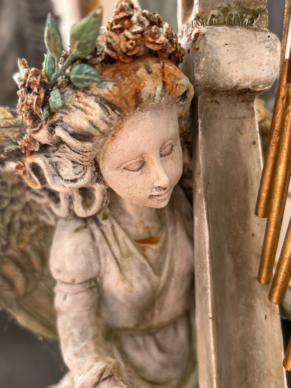 14″ Tall Angel Harf statue/ indoor decor/Outdoor garden wind chime.