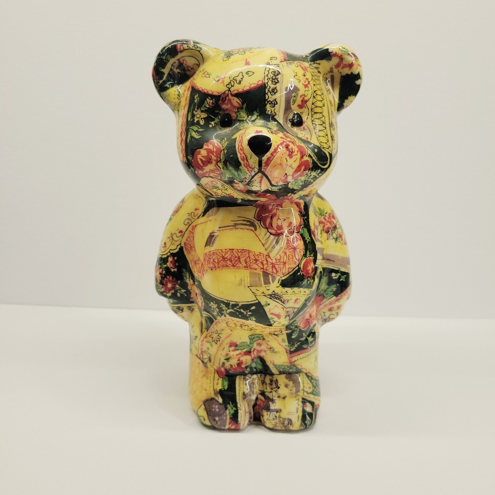 Vintage Joan Baker Porcelain Bear Patchworks Floral Print Fabric 90 Retro