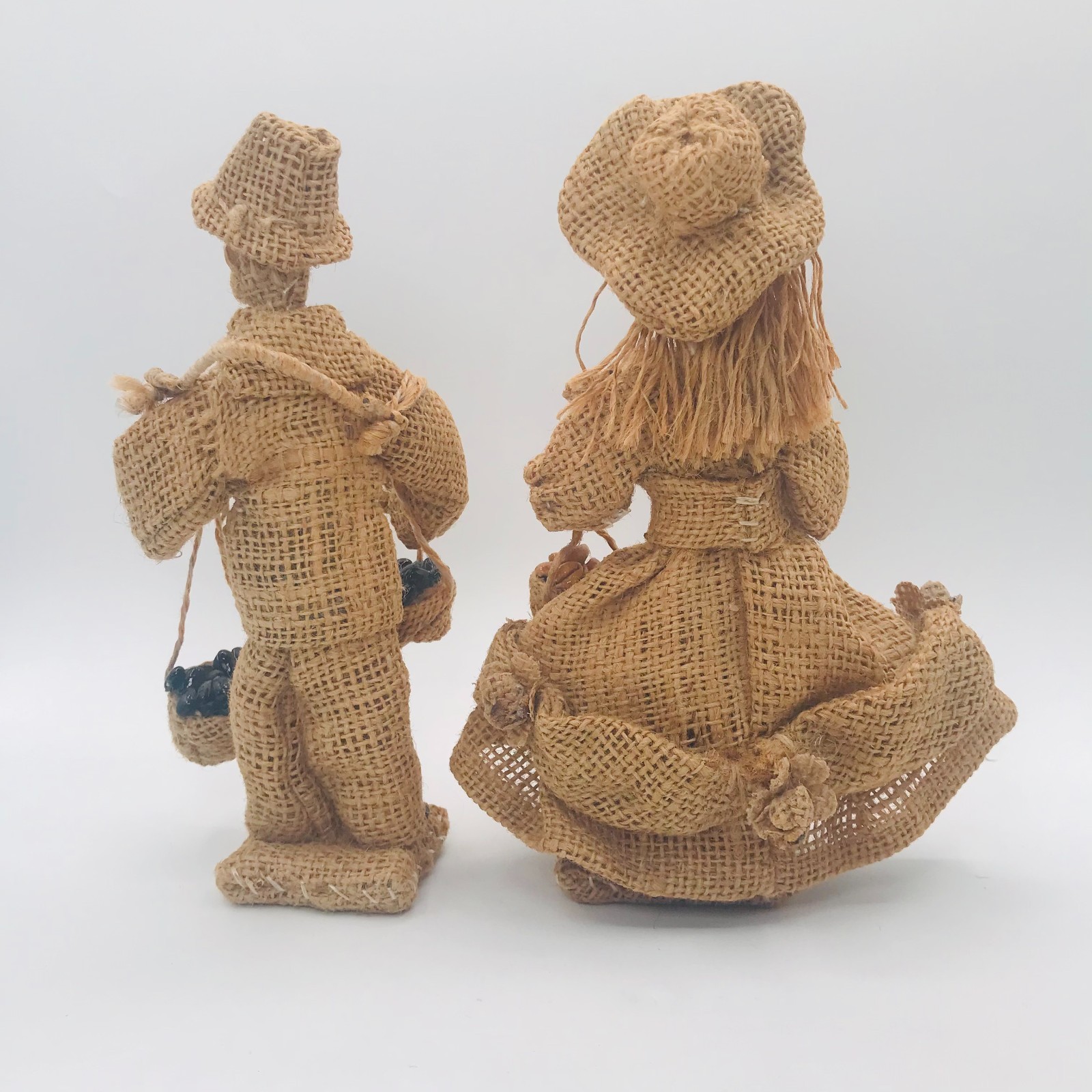 Vintage Burlap Peasant Man & Woman Carrying Produce Figurines Primitive Folk Art
