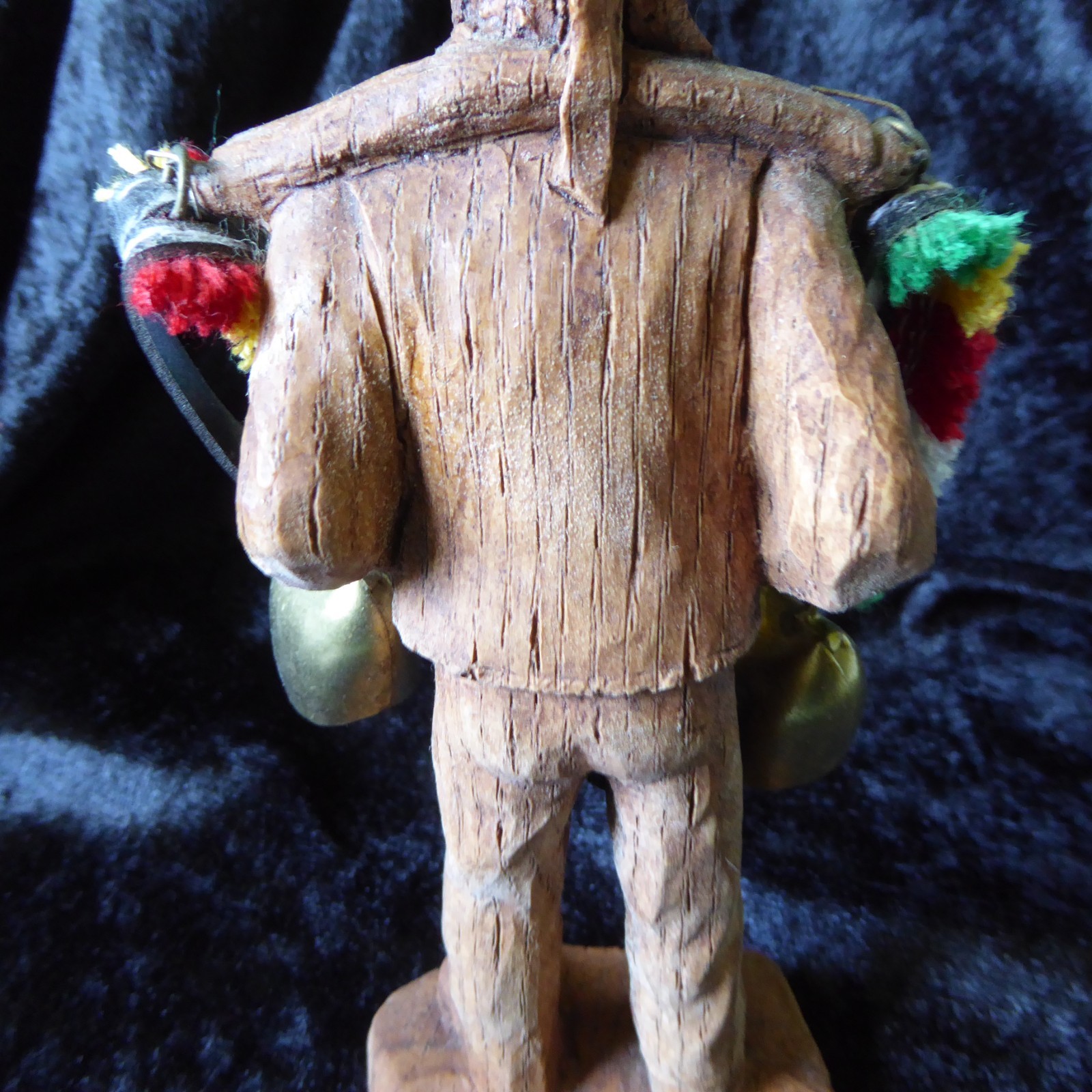 Vintage Hand Carved Wooden Swiss Man Holding Cow Bells Figure 7″ Tall