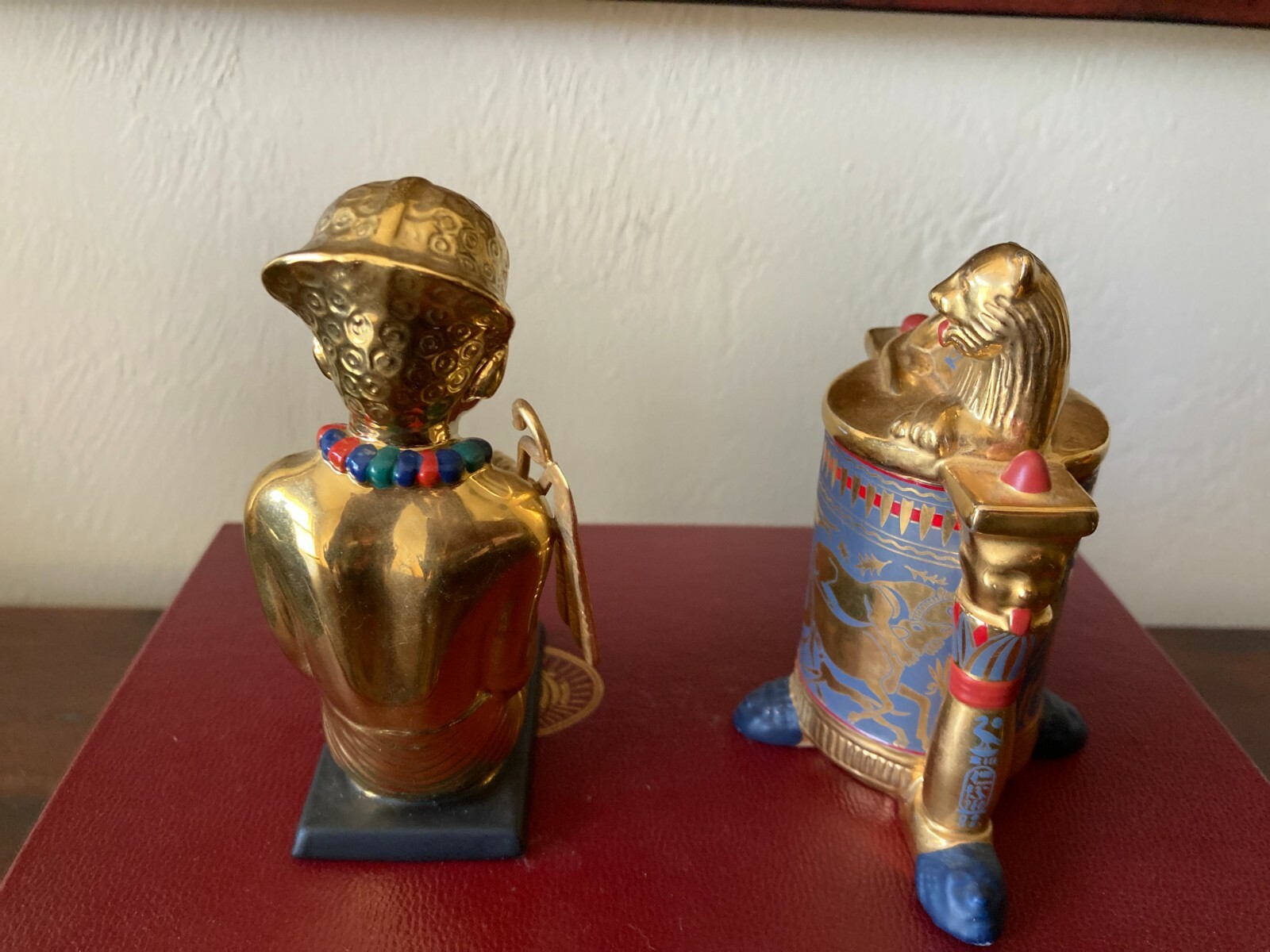 2 Gilt FRANKLIN MINT TREASURES OF TUTANKHAMUN~King Tut Squatting & Unguent Lion