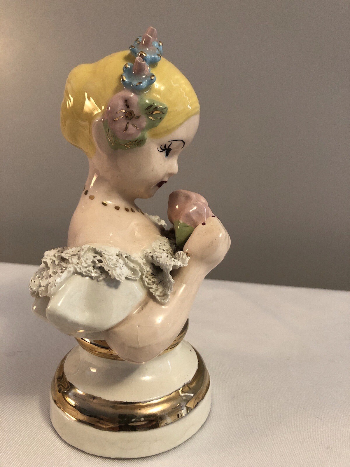 Victorian Woman Bust Figure Gold Trim Holland Mold Spaghetti Trim Vintage