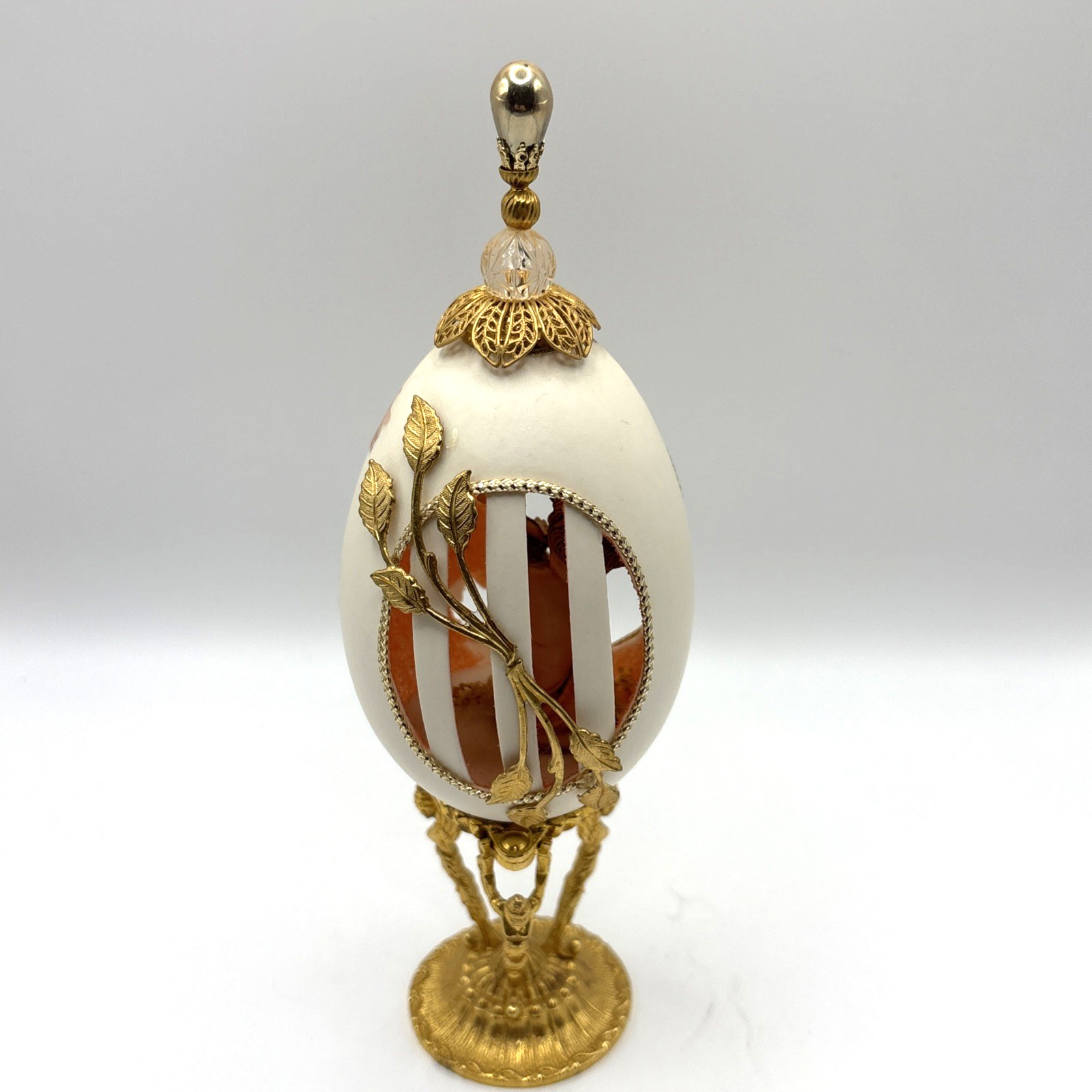 Faberge Egg Style Diorama Cherub Flute Gold Tone Stand Hand Painted Signed 1978