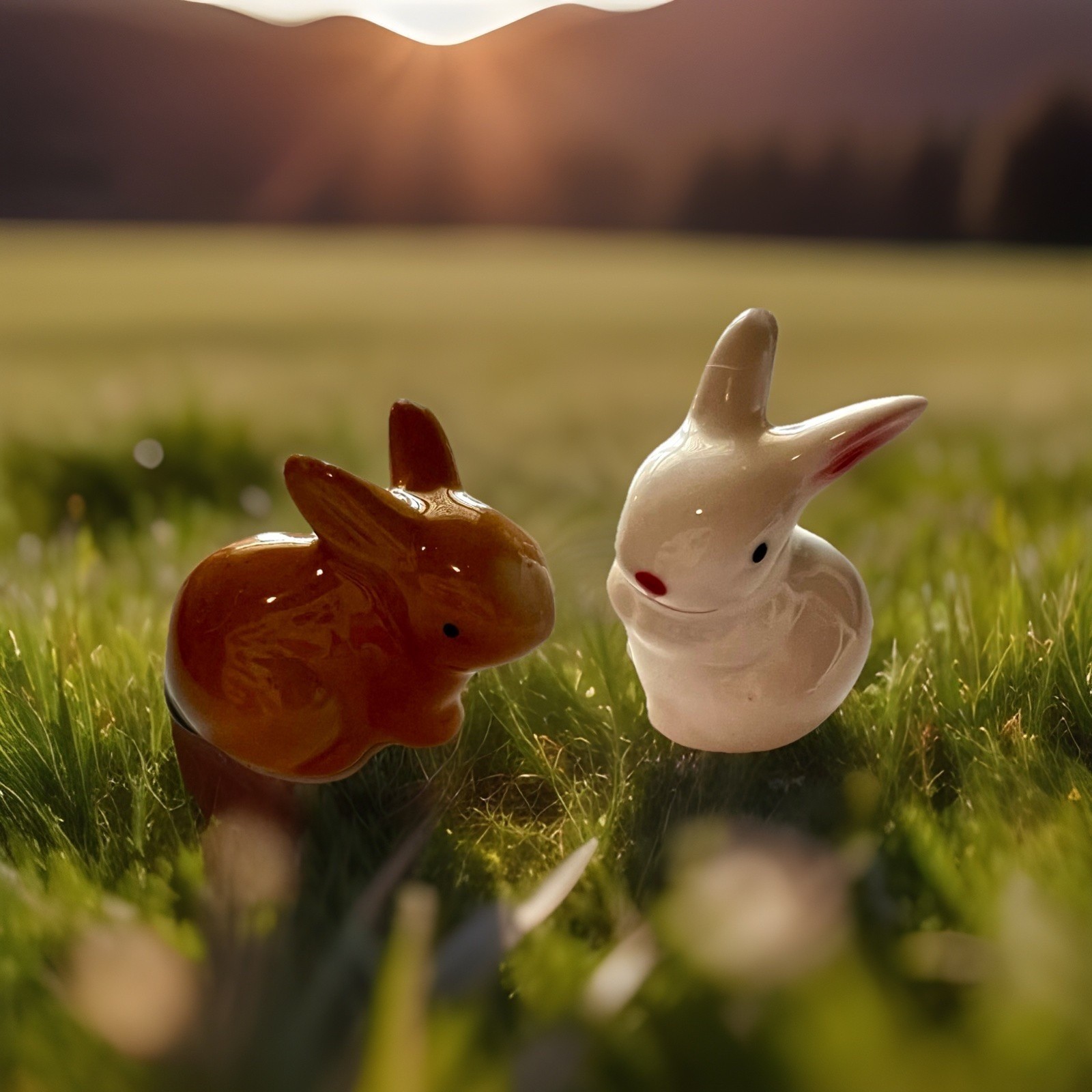 2 NEW Bunnies Rabbits Ceramic Miniature White Tan Pink Ears 2″