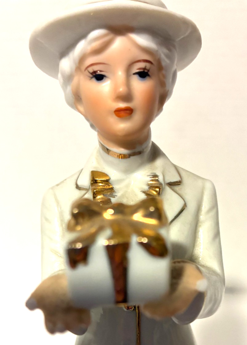 Piero Vintage Elegant Lady w/ Present and Little Girl- Gold Trimmed Figurines