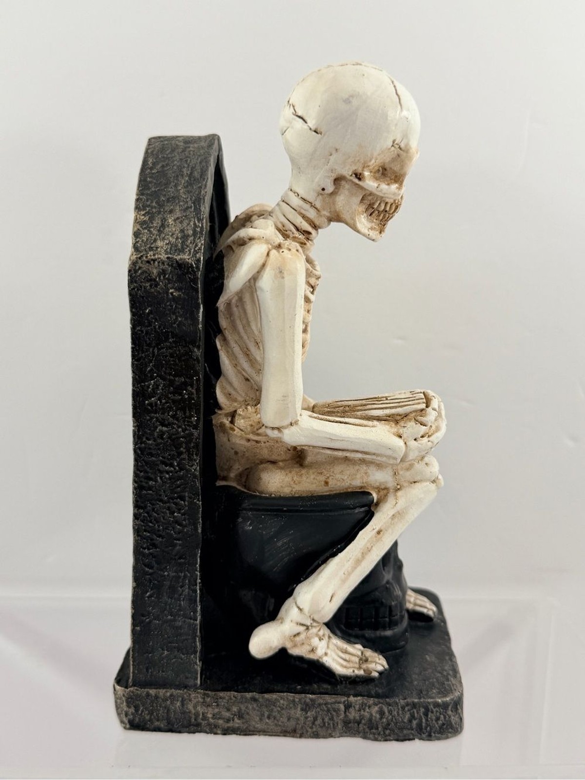 Gothic Skeleton on Skull Toilet Reading Book Figurine RIP Tombstone Decor 7″