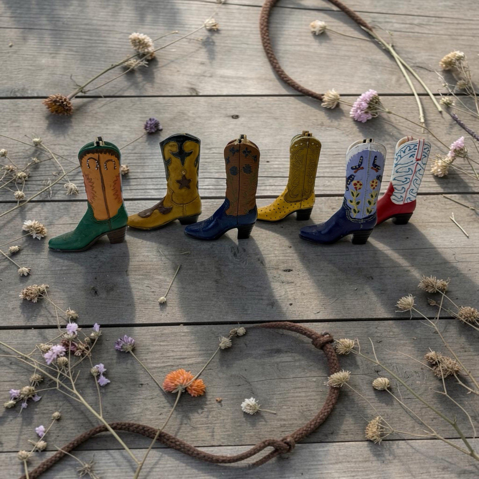 Lot 6 Mini Western Cowboy Boots 6 Resin Rodeo Roundup 2.75 inches tall
