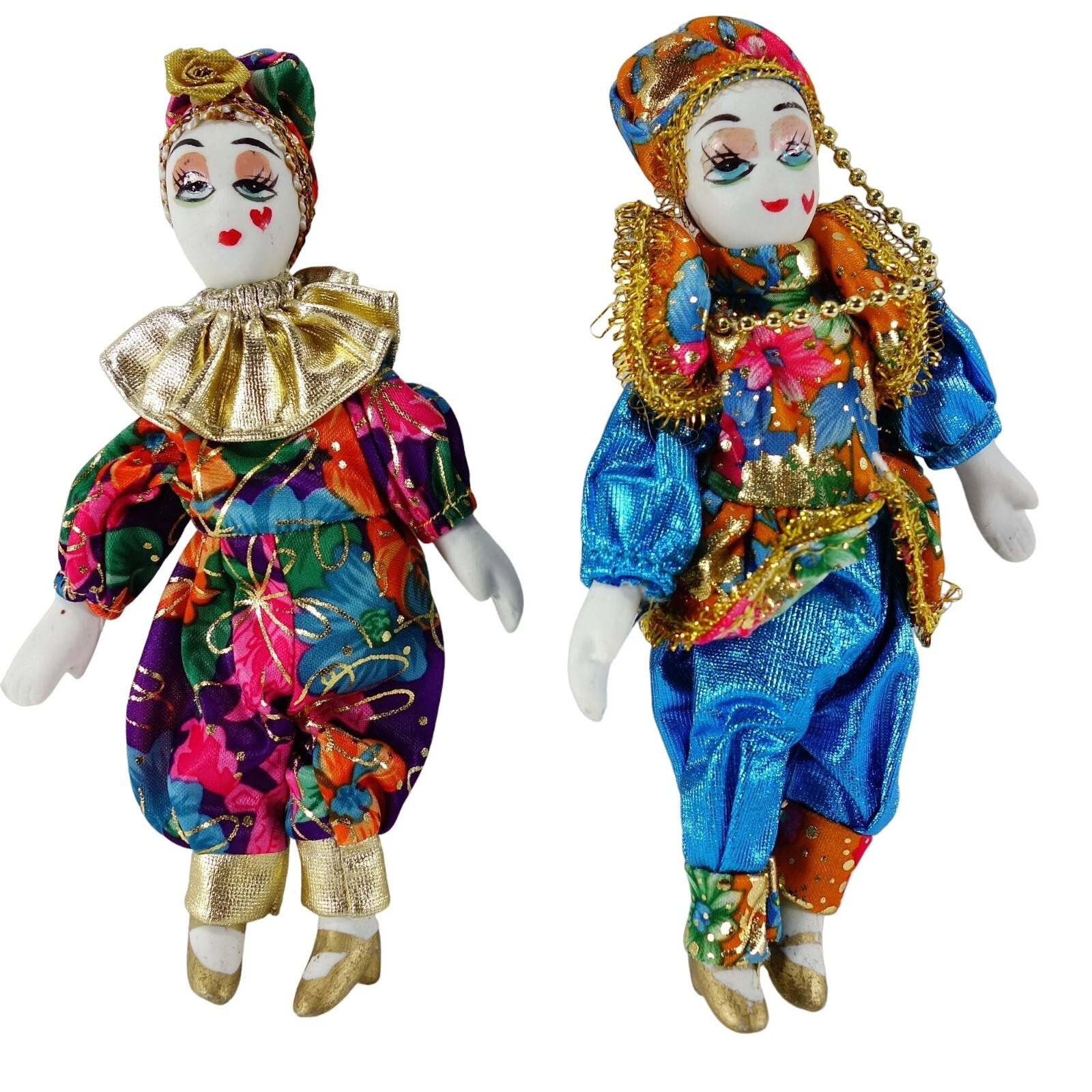 Porcelain and Fabric Small Collectible Harlequin Jester Doll Figures Set of 2
