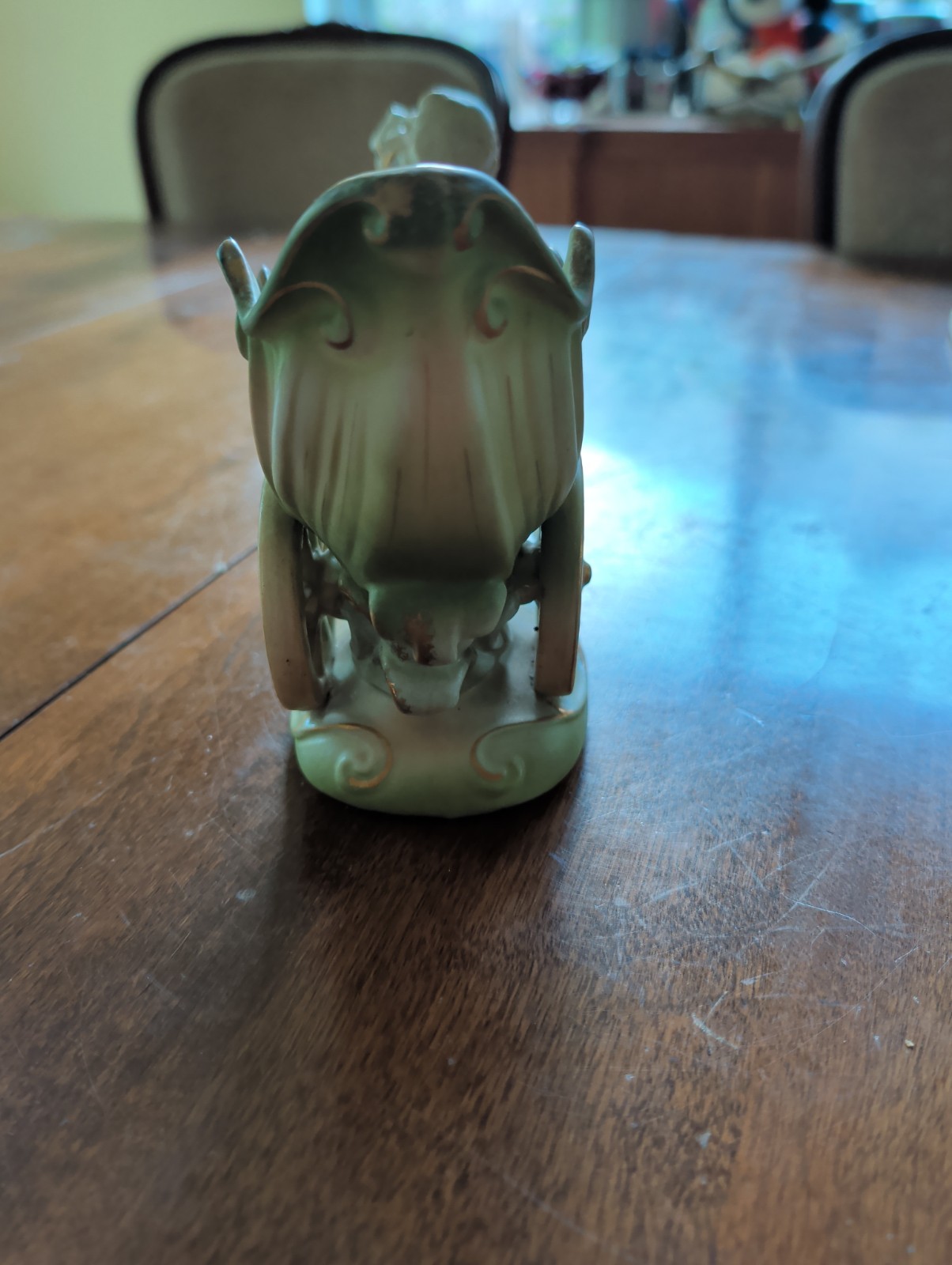 Lefton China Japan Bisque Green Gold Carriage Cherub On Horseback Pink Roses