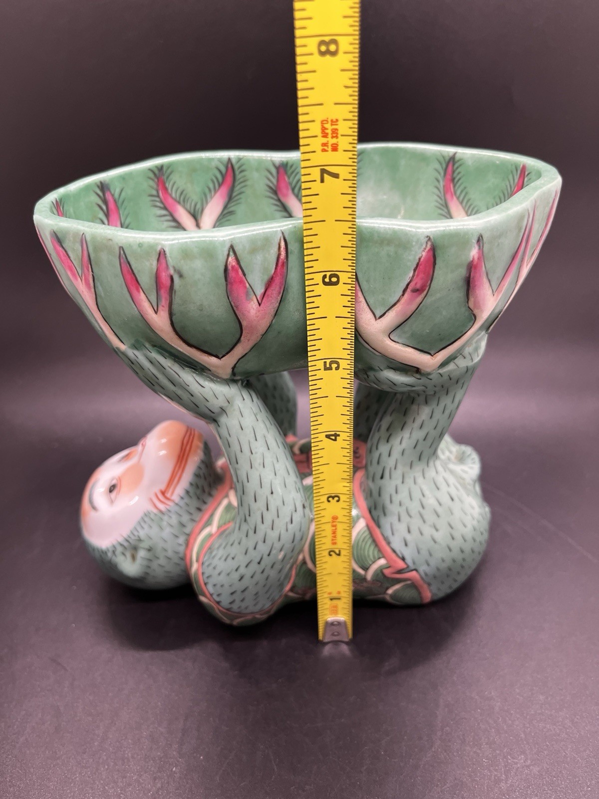 Andrea by Sadek Green Monkey Catch Bowl Trinket Lotus Dish Chinoiserie 6.5” Tall
