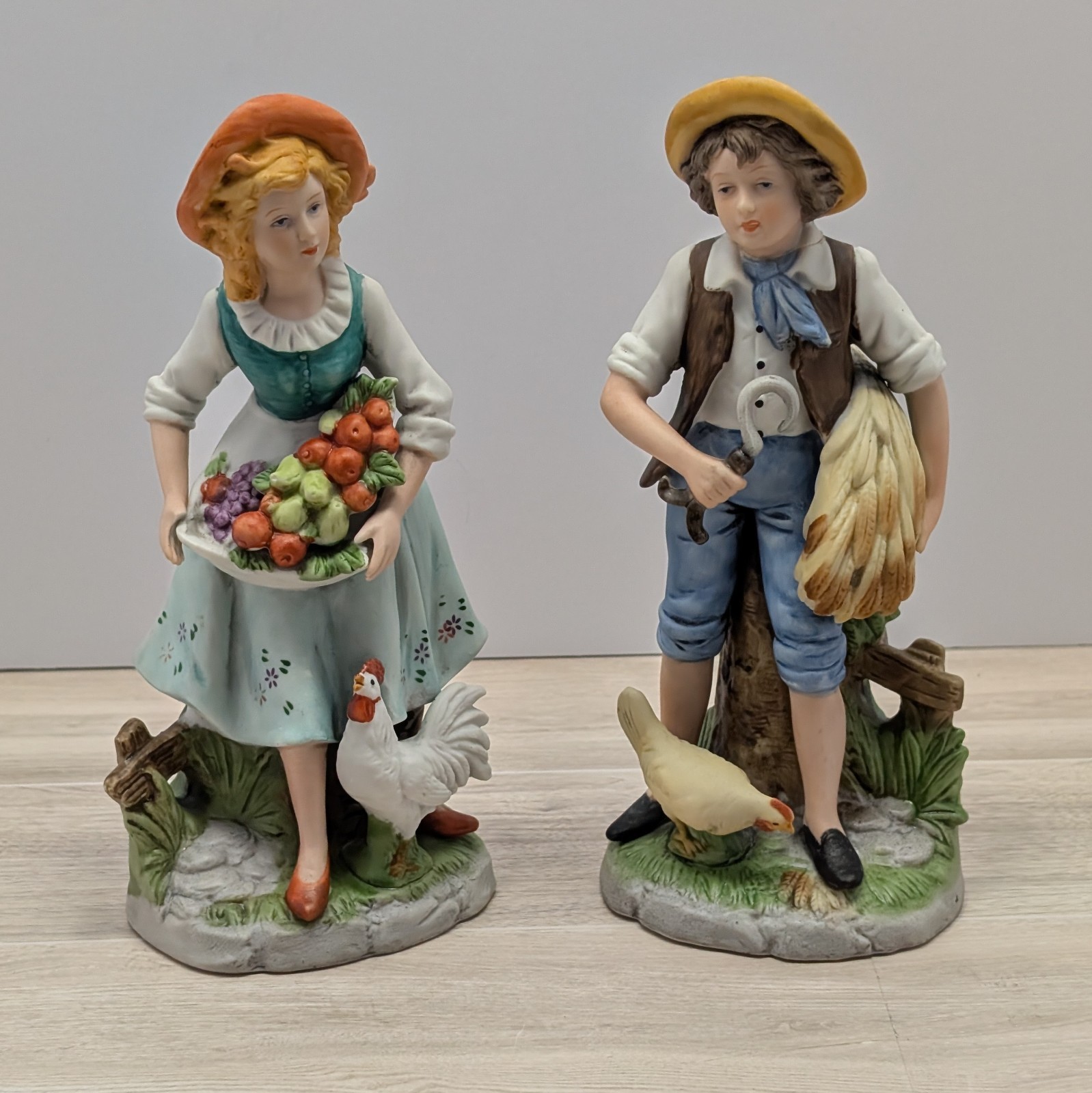 Vintage HOMCO Porcelain Farmers Pair Bisque Figurines Girl & Boy with Chickens
