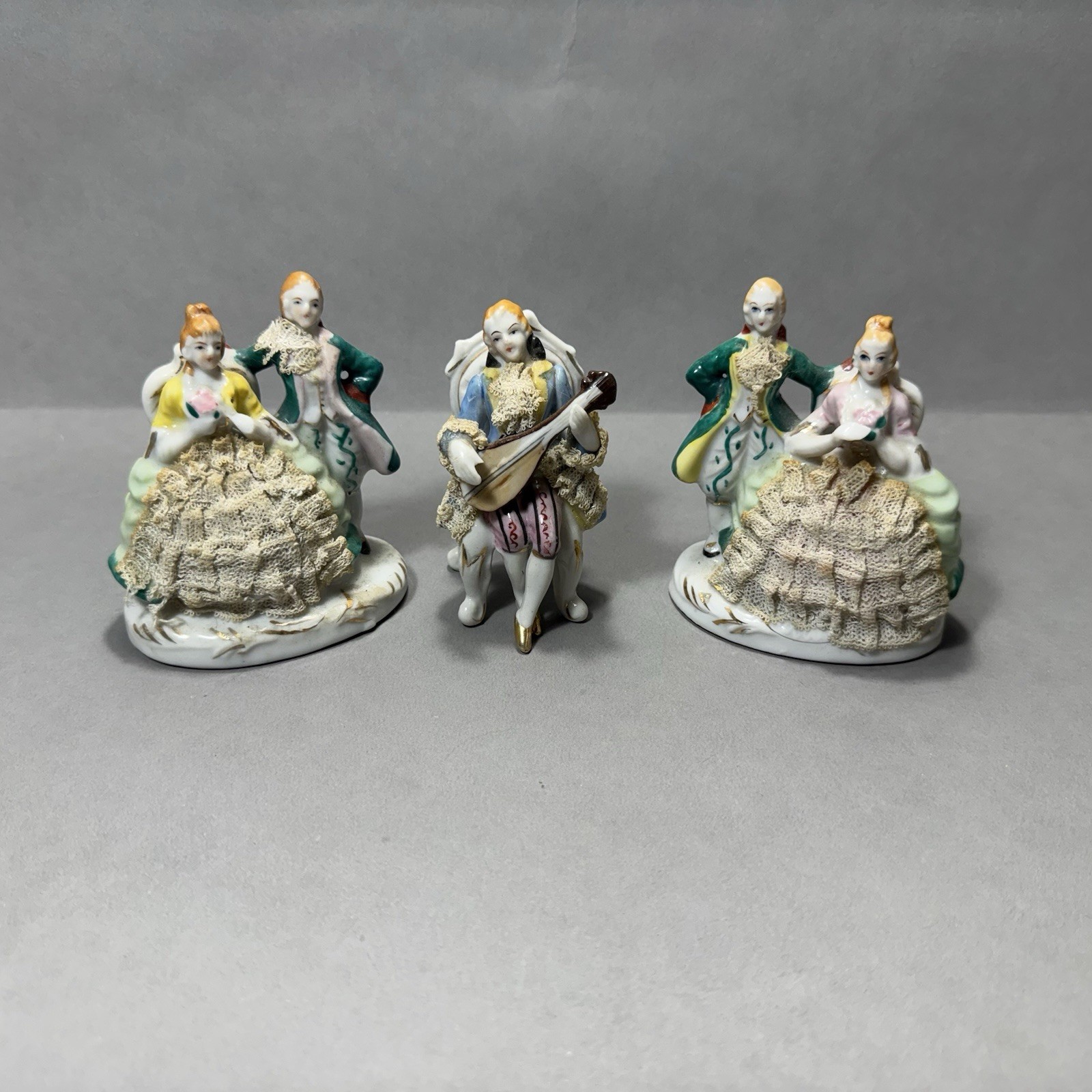 Vintage Porcelain Lace Place Card Holder Shelf Sitter Figurines Set of 3