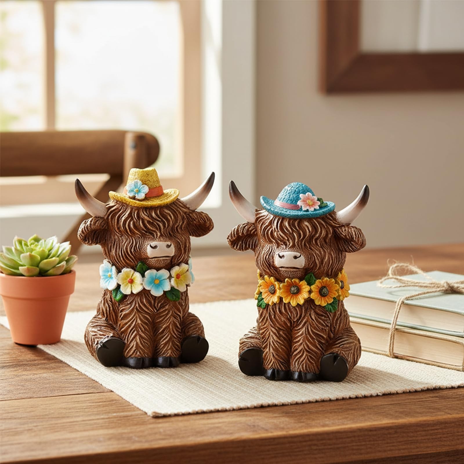 2 Pcs Highland Cow Figurines Resin Statue Hats Flowers Summer Home Decor
