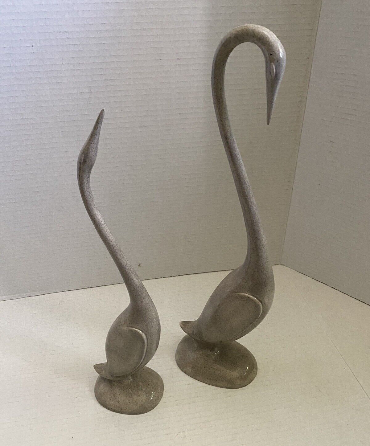 Vintage Pair of Arnel’s Ceramic Cranes Gray Speckled 15 and 13 inches tall, MINT