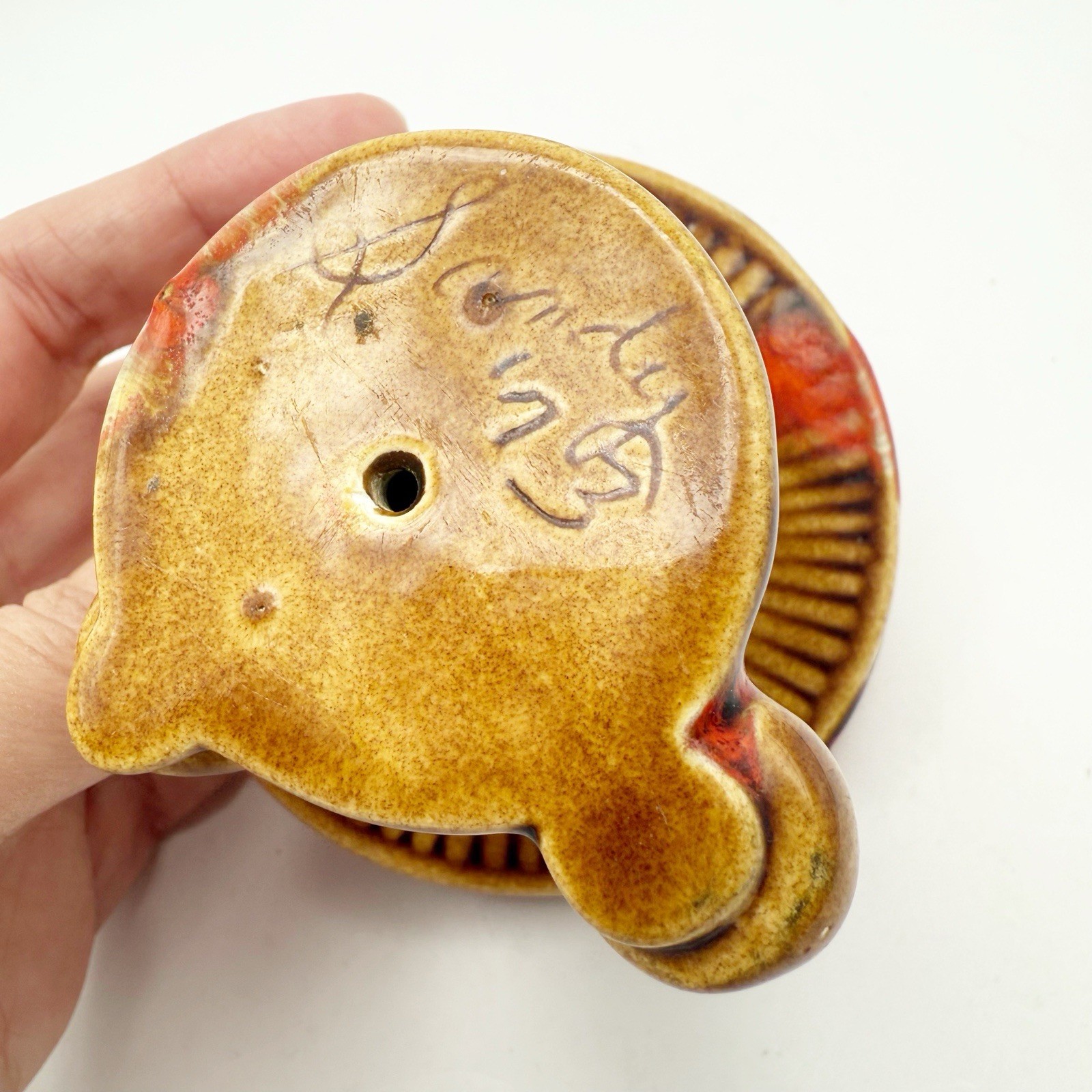 Vintage Ceramic MCM Mushroom Handpainted Figurine 4” X 3.5″ Orange Brown