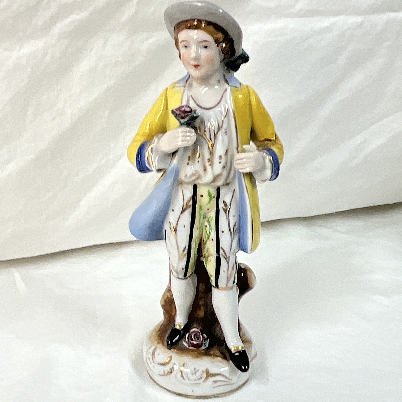 1940s Hand Painted Porcelain Man Figurine Holding Rose, Glossy Free Shipping