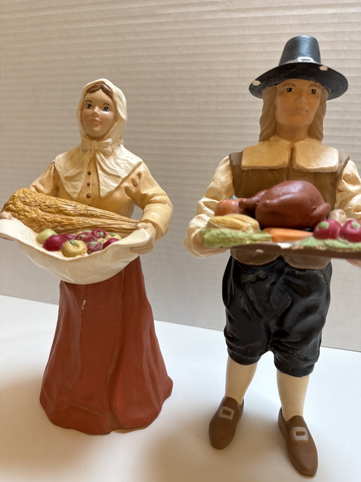 Vintage Pilgrim Thanksgiving Decor Painted Figurines 11″ Female 12″ -mid-1990s