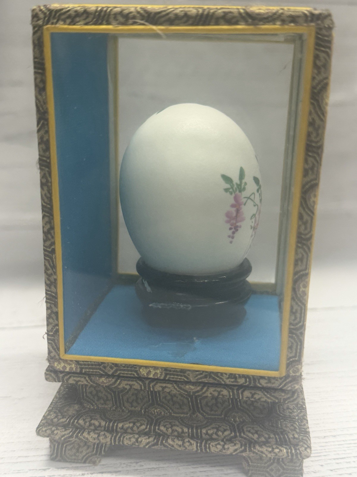 Vintage Hand Painted Egg – Peacock – Birds and Flowers With Display Case