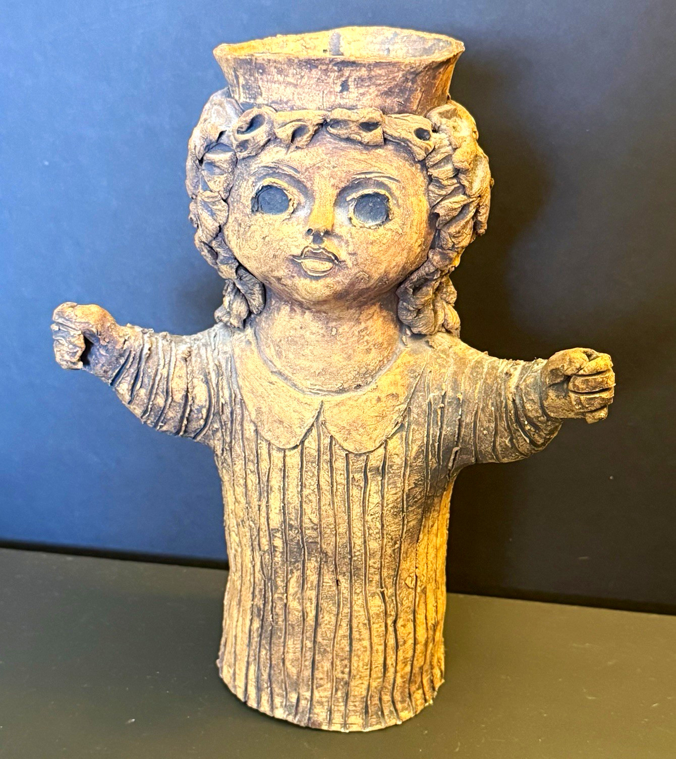 Vintage Hand Carved Child Figurine Planter/Vase Open Top Candle Holder