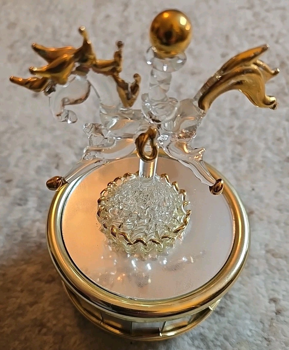Dura Best Rotating Music Box Clear Glass Mirror Carousel Horse With Gold Accents