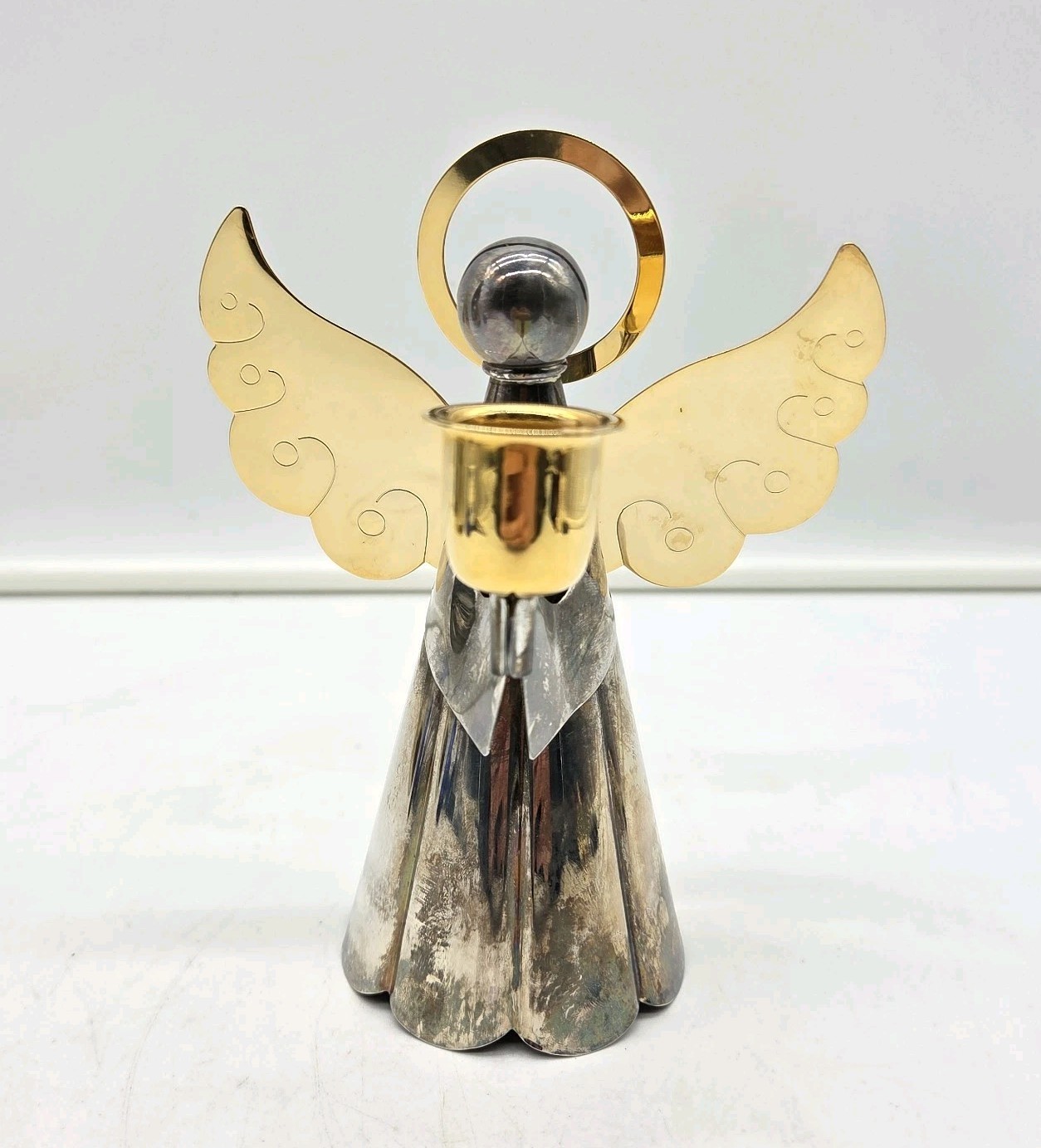 Vintage Angel Candle Holder 7” Silver & Gold Plated Metal Taper Holder