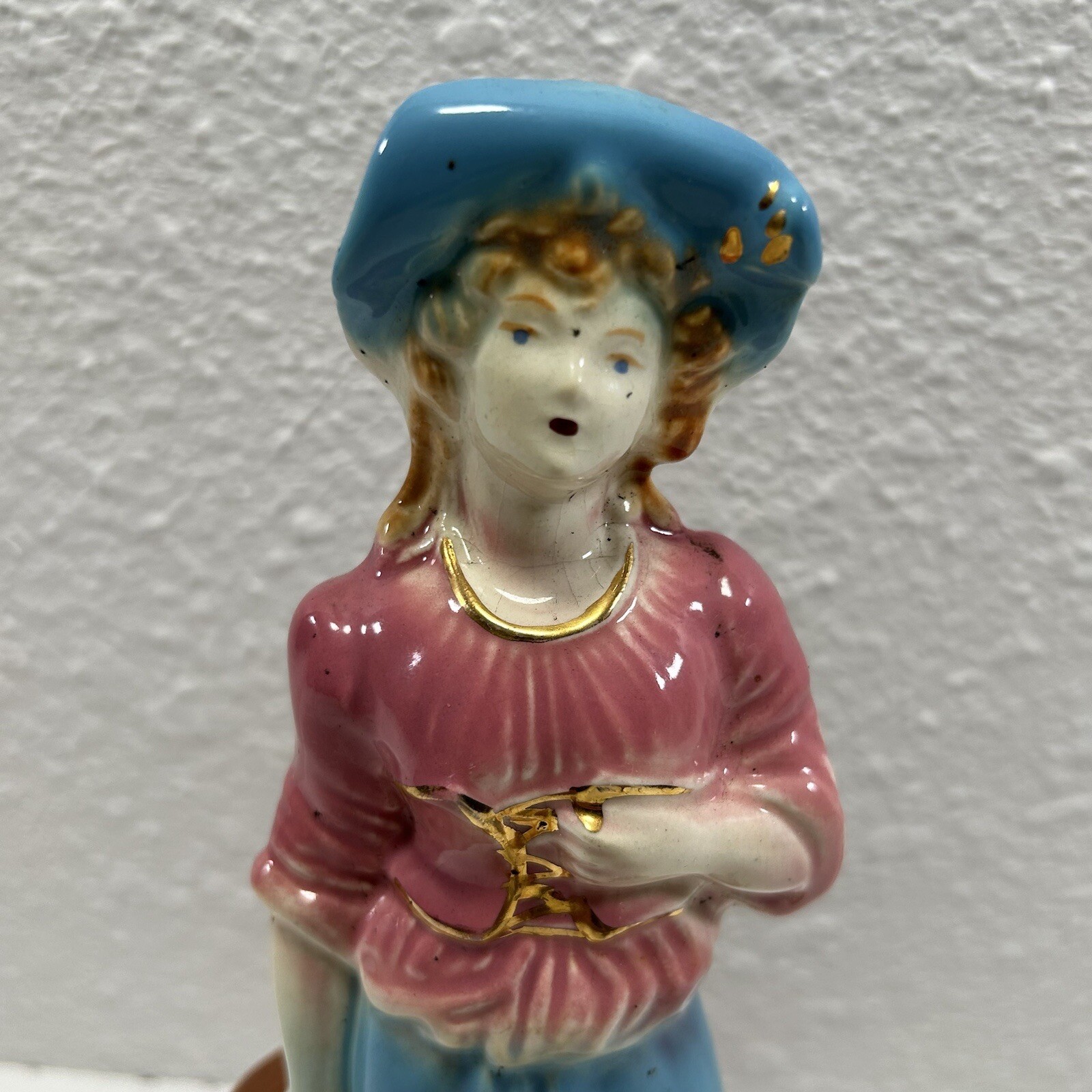 Porcelain Pink And Blue Dressed Lady Figurine with Gold Trim Vintage