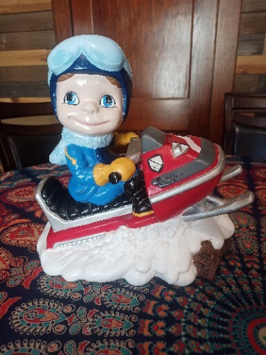 Vintage 1970’s Smiley Boy Atlantic Mold Snowmobile Ceramic Hand Painted