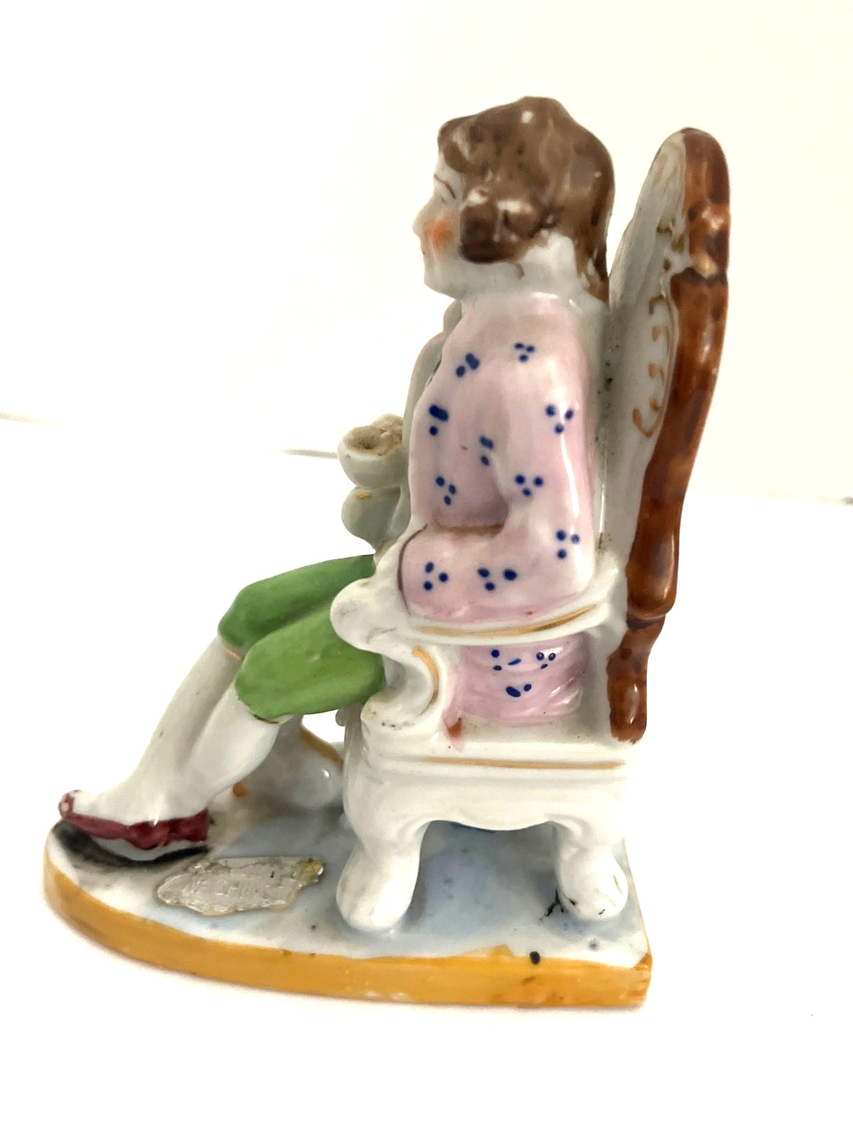 Vintage Porcelain Figurine Man in Chair with Dog Hand Painted 5 1/2”