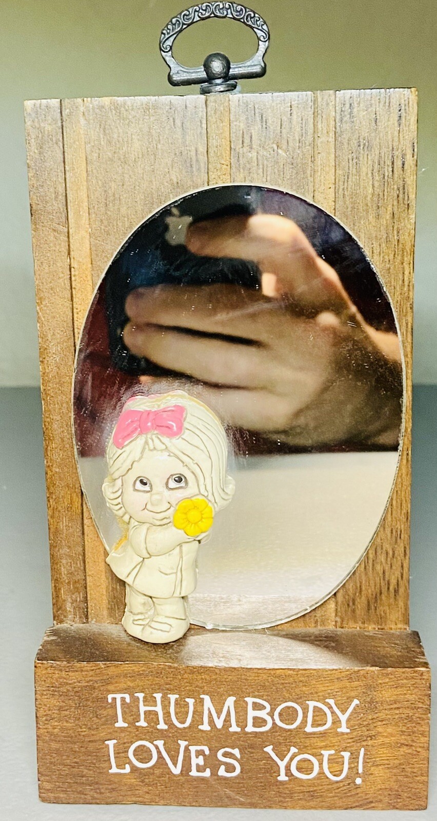 Vintage 1970s Wallace Berrie 6” Wood Mirror Figurine Wall Plaque Thumbody ❤️ You