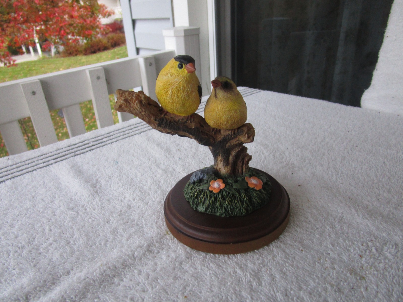 2 GOLDFINCH BIRDS ON BRANCH FIGURINE ~ Excellent Condition + Wooden Base!!!