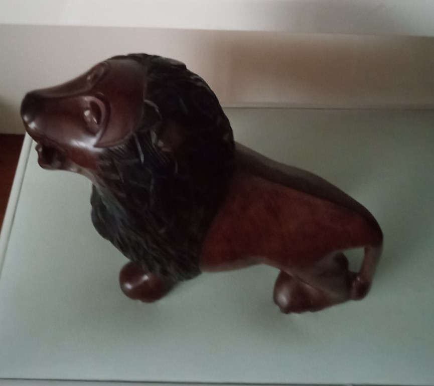 Vintage Heavy Hand-Carved Wooden Lion Statue Sculpture