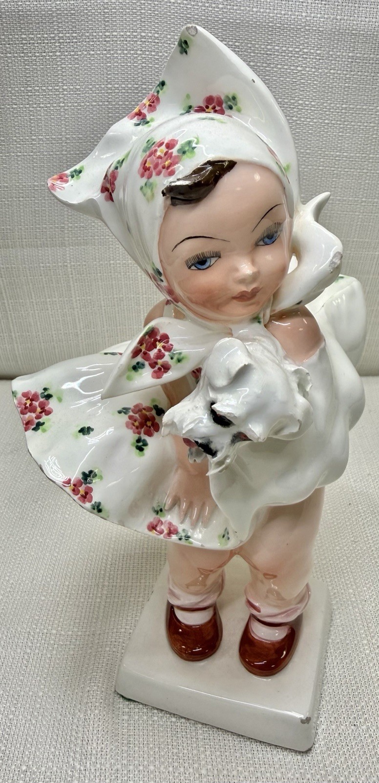 Vintage 1950s Signed C. Mollica Italian Glazed Ceramic Figurine of Girl and Dog