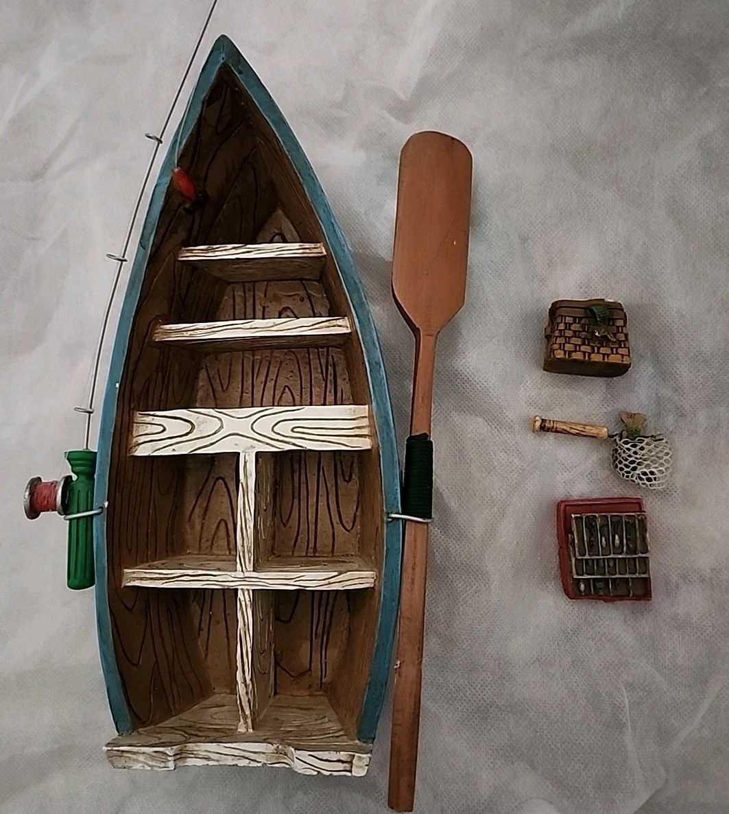 Rare! 1999 Fishing/Row Boat Figurine Wall Hanging-Mini Fishing Supplies-ABC Dist