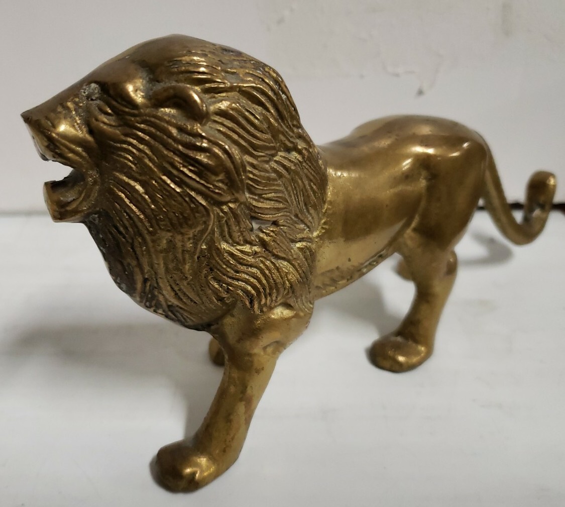 VINTAGE Solid Brass Detailed Roaring Lion 4″H x 8″W 1 lb 6.3 oz HEAVY STATUE