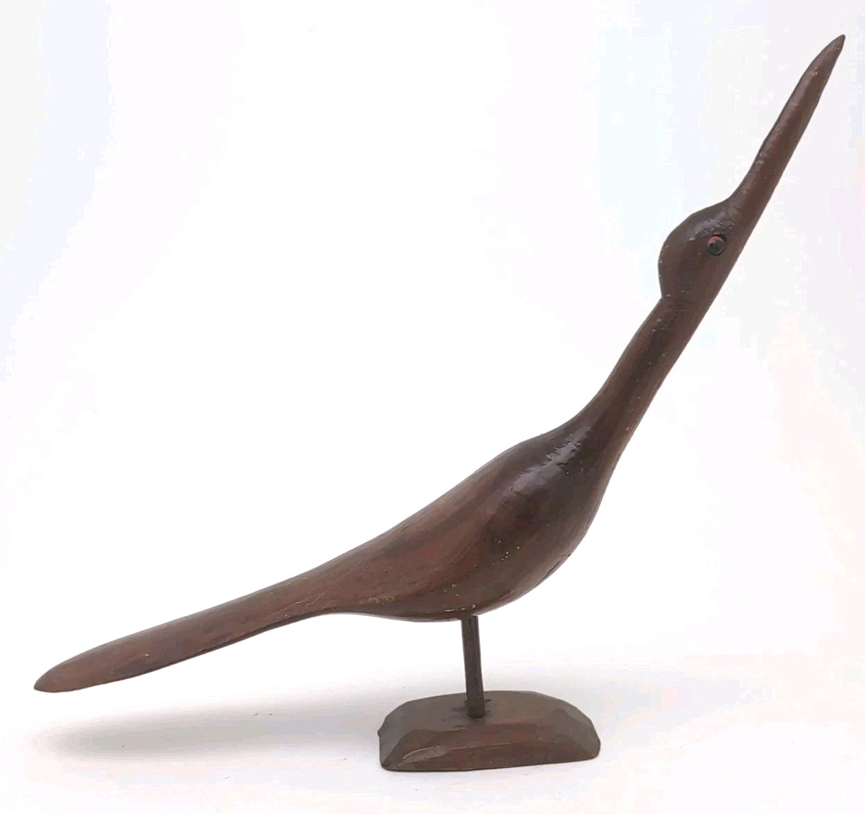 Vintage Handmade Folk Art Dark Wood Shore Bird Figurine 11″ Red Eyes