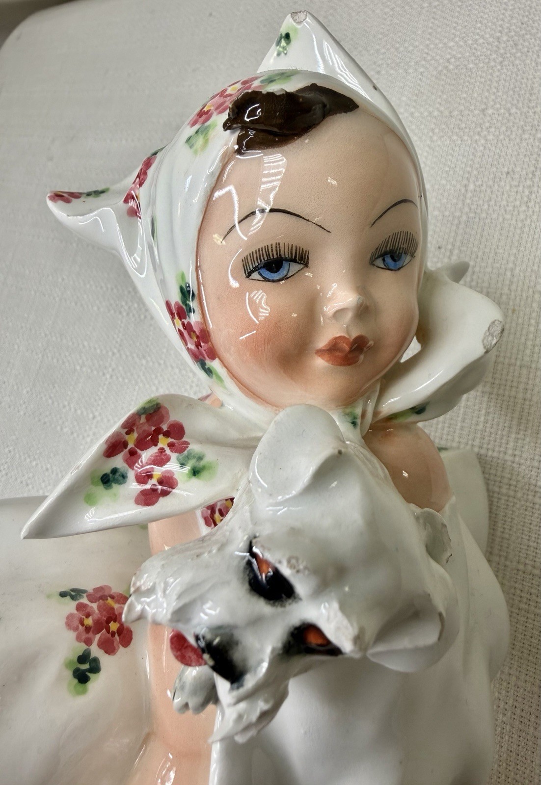Vintage 1950s Signed C. Mollica Italian Glazed Ceramic Figurine of Girl and Dog