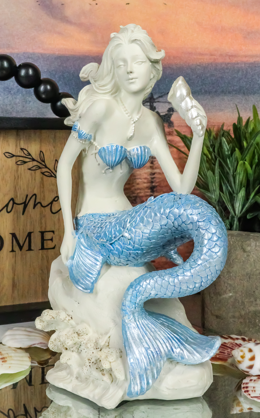 Ebros Ocean Goddess Pretty Mermaid With Blue Tail Holding Conch 8″Tall Figurine