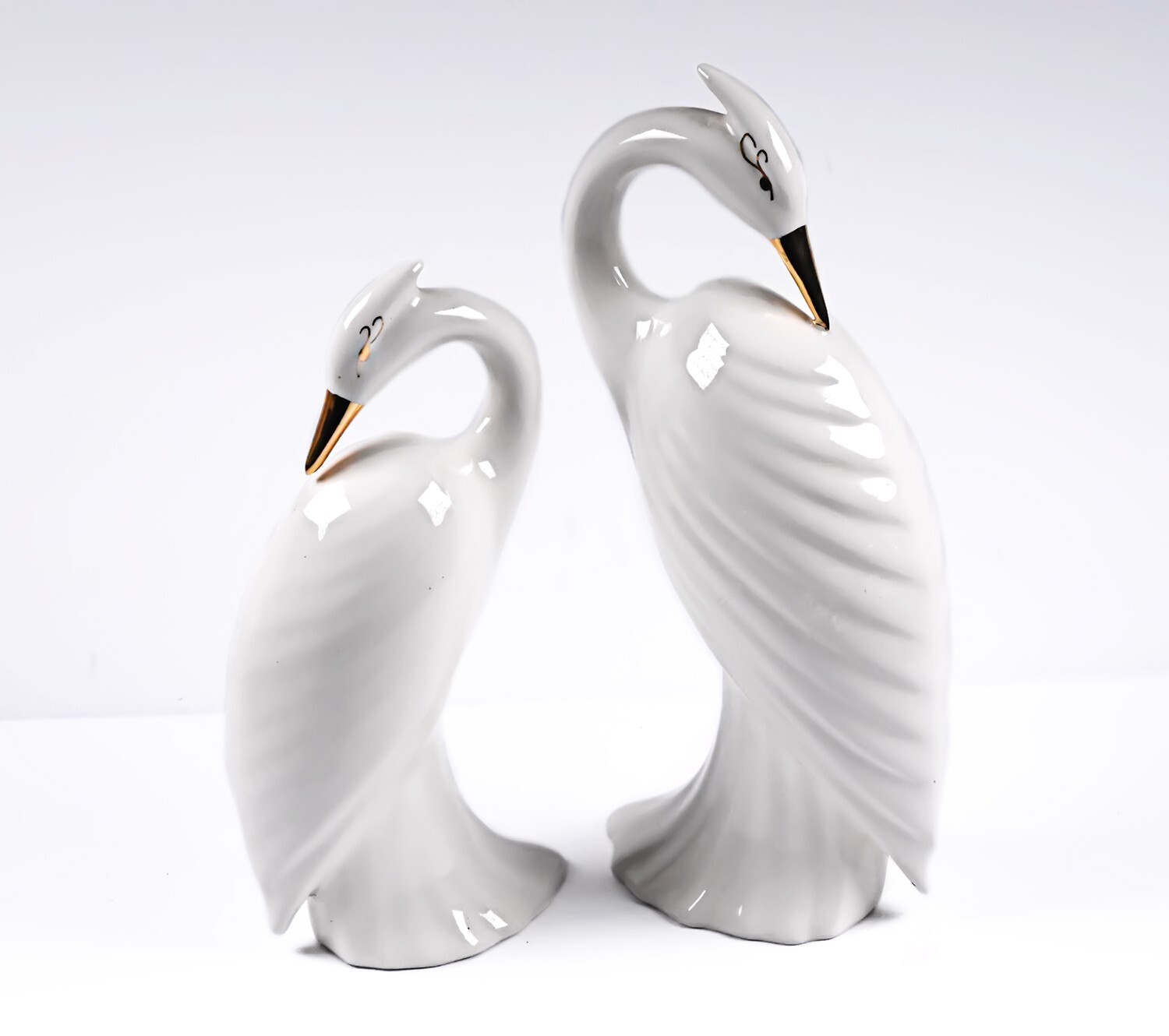 Glazed Porcelain White Egret Duo Beak is Hand Painted with Gold