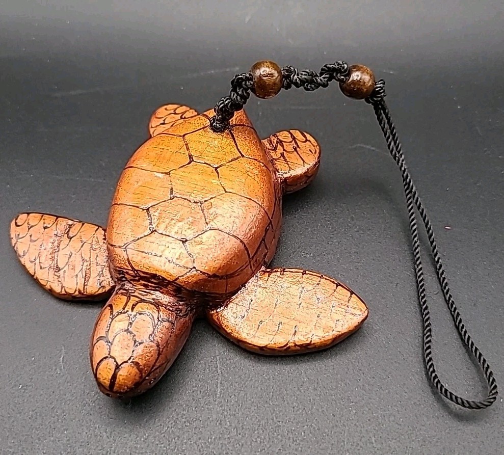Hand Carved Wooden Sea Turtle Ornament Hawaiian Coastal Nautical Beach Decor