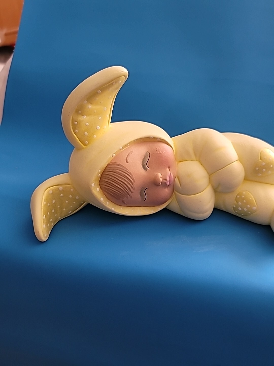 Vintage Retro Slepping Baby Child in EASTER BUNNY RABBIT Ceramic Figurine 8″
