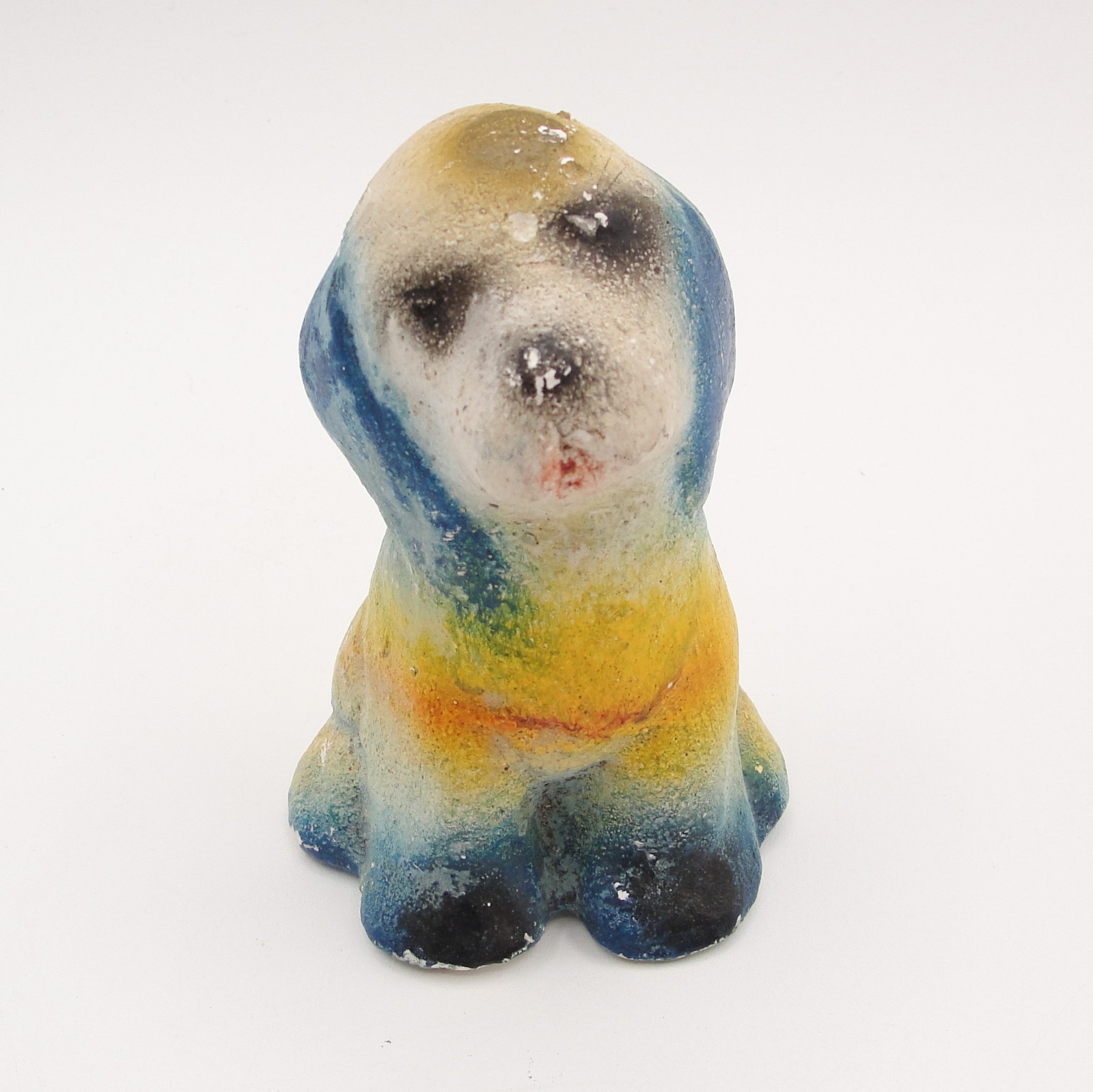 Vintage 1940s Carnival Prize Chalkware Dog Figurine Airbrush Rainbow Puppy 4.25″