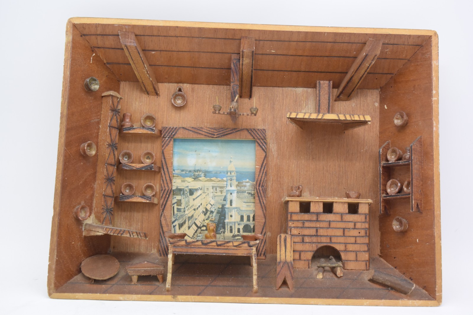 Hand Carved Wooden Room Box Diorama Shadowbox Vintage 3D Hanging Wall Decor Art