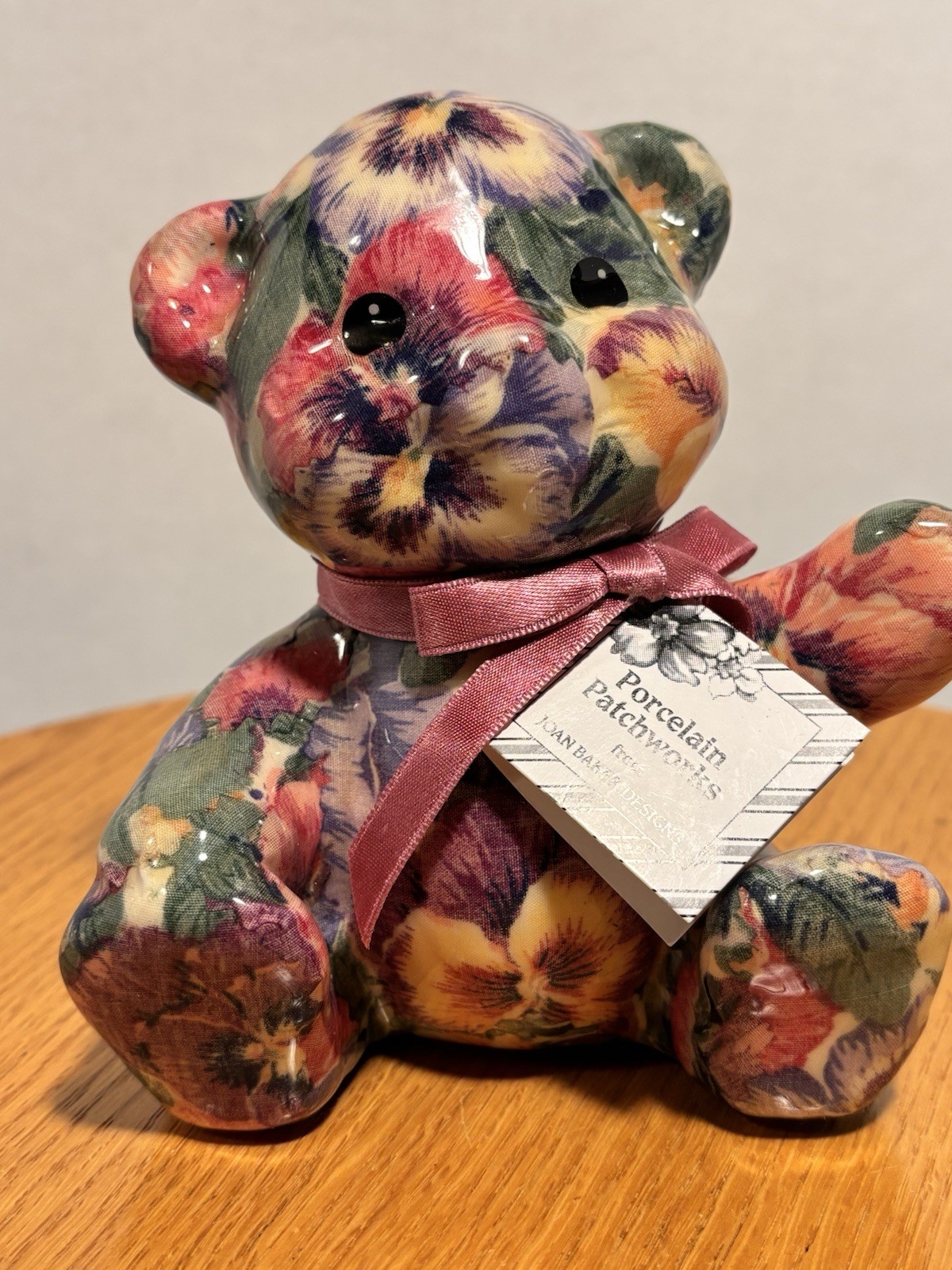 Vtg Joan Baker Designs Porcelain Patchworks Floral Print Bear Figurine with Tag
