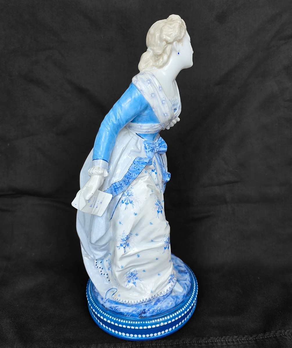 13.5″ Antique Porcelain Lady Receiving Love Letter Figurine, Germany c.1885–1910