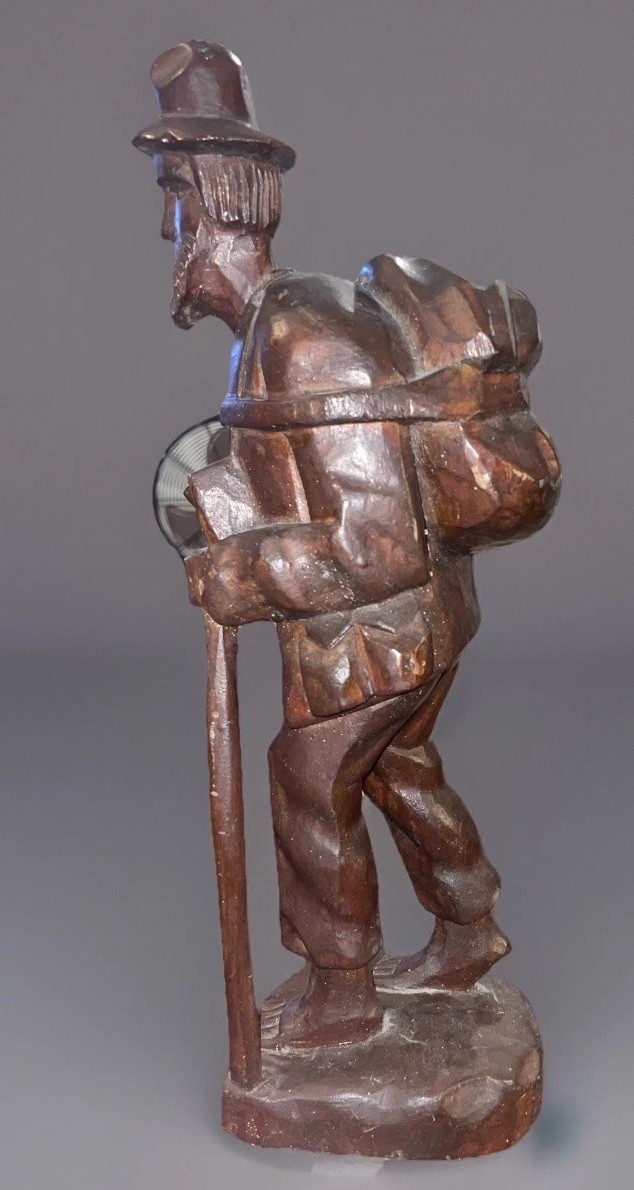 Vintage Large Hand Carved Wood Man with Backpack 15 in. Figurine Statue Heavy