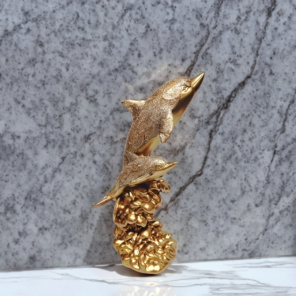 11.5″H Golden Color Elegant Dolphin Duo Decorative Figurine Ornament Home Decor