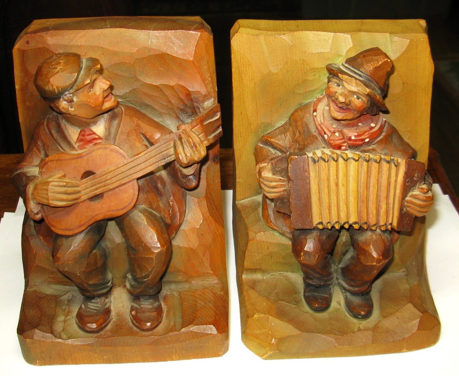 Vintage ANRI Italy Hand Carved Wood Bookends, Musicians, Guitar, Accordion