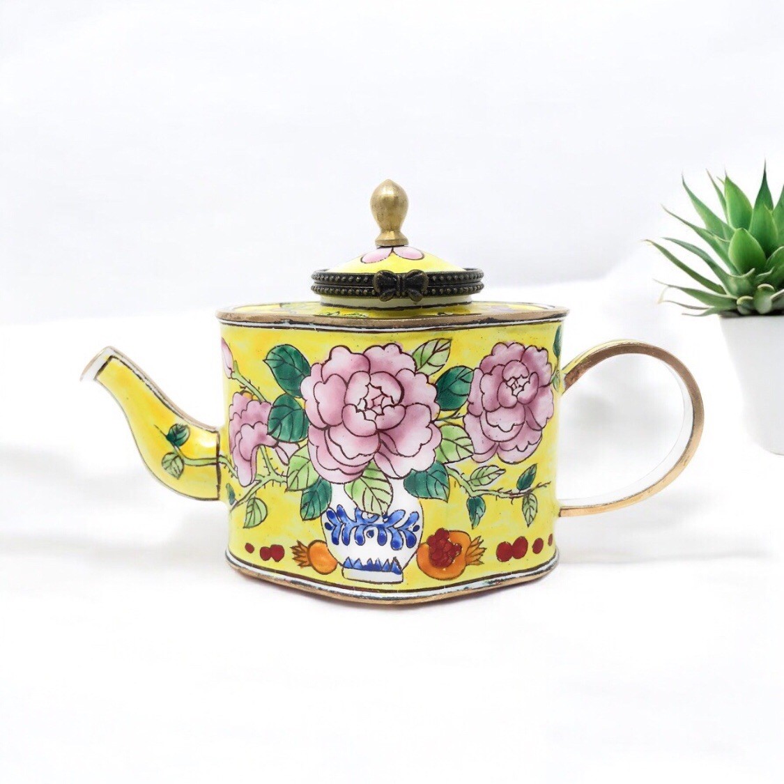 2005 Kelvin Chen Miniature Enamel Copper Decorative Teapot Pink Peony No. 29￼2